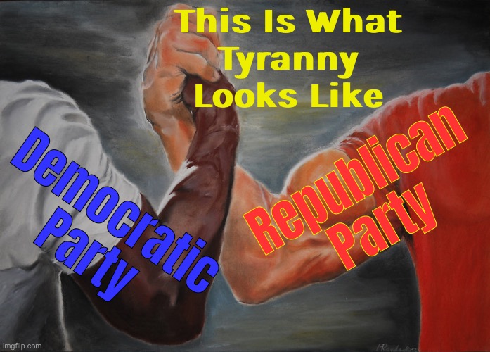 The Tyranny of the Two-Party System | This Is What
Tyranny
Looks Like; Republican Party; Democratic Party | image tagged in memes,epic handshake,tyranny,evil government,big government,government corruption | made w/ Imgflip meme maker