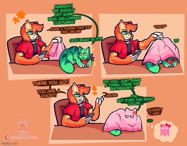 Perfect Costume for Kitty (Art credit: NagiFur on DA) | image tagged in furry,wholesome,funny,nagifur,costume,cartoon | made w/ Imgflip meme maker