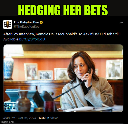 Wait for the lying MSM to put a spin on her bombed Fox inteview | HEDGING HER BETS | image tagged in kamala harris,looking for work,too old for what she does best,street walking | made w/ Imgflip meme maker