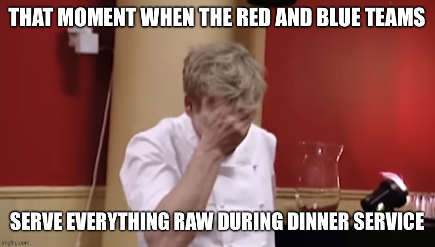 Gordon Ramsay facepalm | THAT MOMENT WHEN THE RED AND BLUE TEAMS; SERVE EVERYTHING RAW DURING DINNER SERVICE | image tagged in gordon ramsay facepalm,hell's kitchen,gordon ramsay,chef gordon ramsay | made w/ Imgflip meme maker