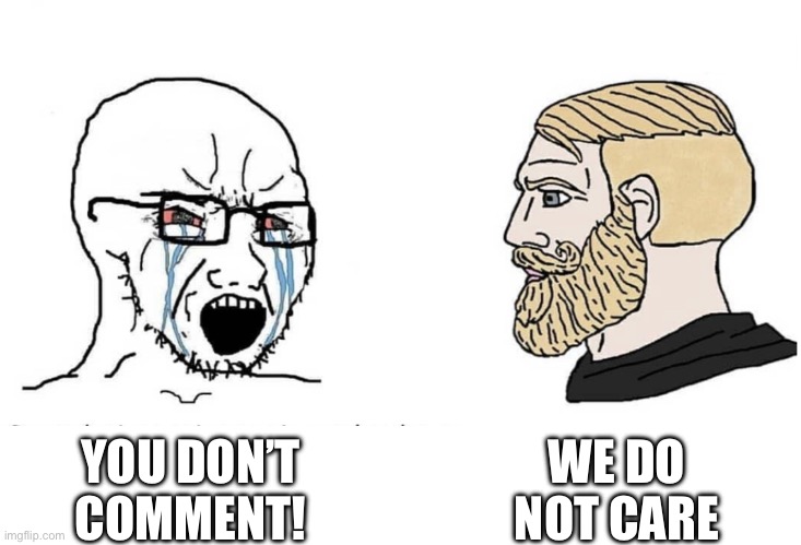 Soyboy Vs Yes Chad | YOU DON’T COMMENT! WE DO NOT CARE | image tagged in soyboy vs yes chad | made w/ Imgflip meme maker