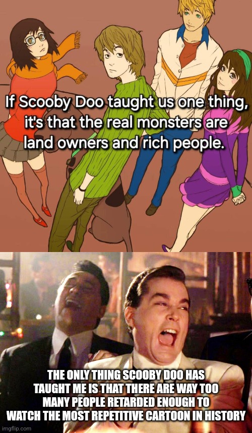 You wanna know what Scooby-Doo has taught me? | THE ONLY THING SCOOBY DOO HAS TAUGHT ME IS THAT THERE ARE WAY TOO MANY PEOPLE RETARDED ENOUGH TO WATCH THE MOST REPETITIVE CARTOON IN HISTORY | image tagged in memes,good fellas hilarious,scooby doo,cartoons,stupidity,retarded | made w/ Imgflip meme maker