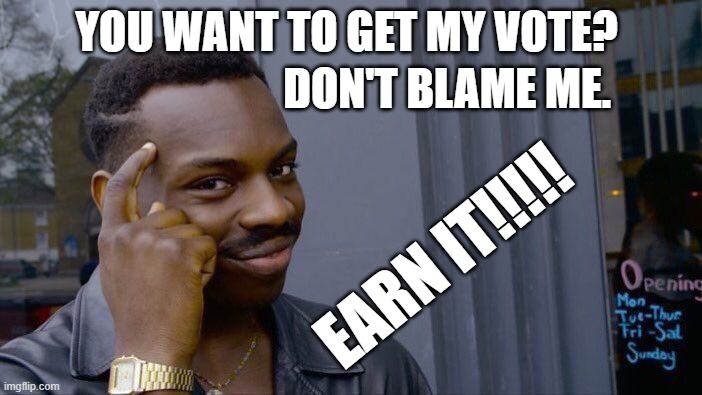 Roll Safe Think About It | YOU WANT TO GET MY VOTE? DON'T BLAME ME. EARN IT!!!!! | image tagged in memes,roll safe think about it | made w/ Imgflip meme maker