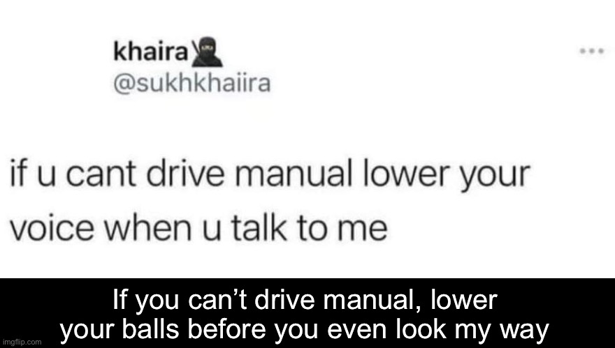 If you can’t drive manual, lower your balls before you even look my way | image tagged in cars,driving,manual,balls | made w/ Imgflip meme maker