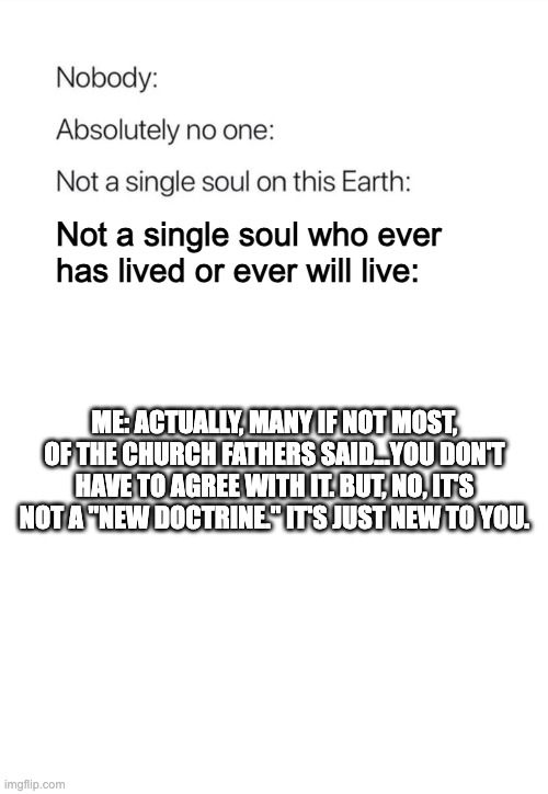 Absolutely No One... | Not a single soul who ever has lived or ever will live:; ME: ACTUALLY, MANY IF NOT MOST, OF THE CHURCH FATHERS SAID...YOU DON'T HAVE TO AGREE WITH IT. BUT, NO, IT'S NOT A "NEW DOCTRINE." IT'S JUST NEW TO YOU. | image tagged in nobody absolutely no one | made w/ Imgflip meme maker