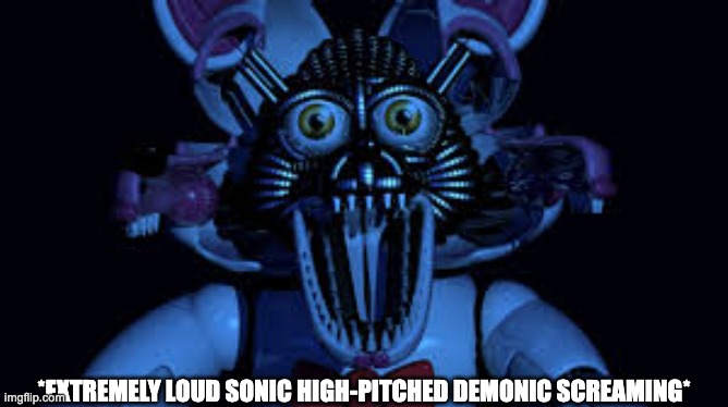 Funtime foxy jumpscare fnaf sister location | *EXTREMELY LOUD SONIC HIGH-PITCHED DEMONIC SCREAMING* | image tagged in funtime foxy jumpscare fnaf sister location | made w/ Imgflip meme maker