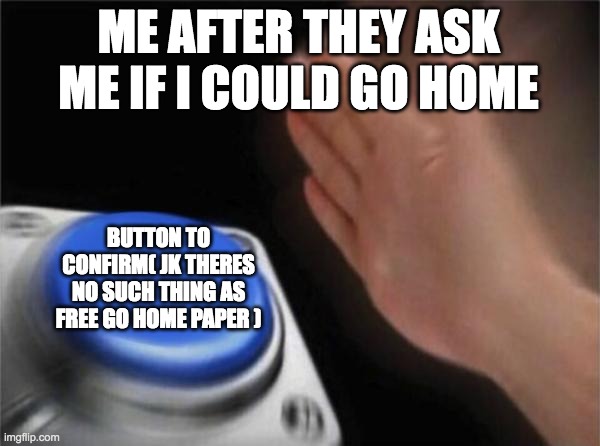 Blank Nut Button | ME AFTER THEY ASK ME IF I COULD GO HOME; BUTTON TO CONFIRM( JK THERES NO SUCH THING AS FREE GO HOME PAPER ) | image tagged in memes,blank nut button | made w/ Imgflip meme maker