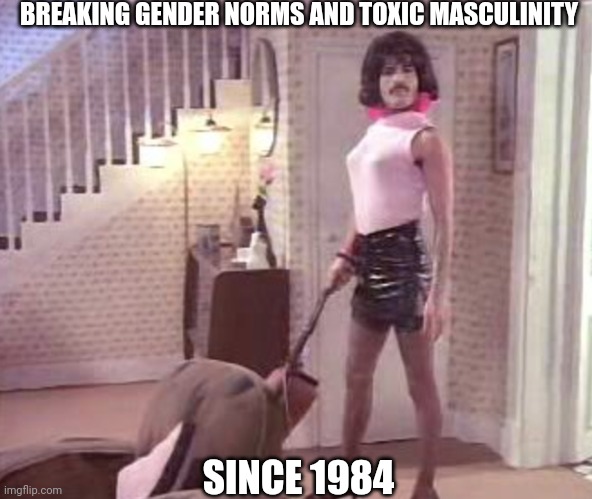 Freddie Mercury | BREAKING GENDER NORMS AND TOXIC MASCULINITY; SINCE 1984 | image tagged in freddie mercury | made w/ Imgflip meme maker