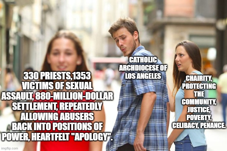 Oh look, even more proof. Story out of LA posted on youtube at 3am from NBCLA. | CATHOLIC ARCHDIOCESE OF LOS ANGELES; CHAIRITY, PROTECTING THE COMMUNITY, JUSTICE, POVERTY, CELIBACY, PENANCE. 330 PRIESTS,1353 VICTIMS OF SEXUAL ASSAULT, 880-MILLION-DOLLAR SETTLEMENT, REPEATEDLY ALLOWING ABUSERS BACK INTO POSITIONS OF POWER, HEARTFELT "APOLOGY". | image tagged in memes,distracted boyfriend | made w/ Imgflip meme maker