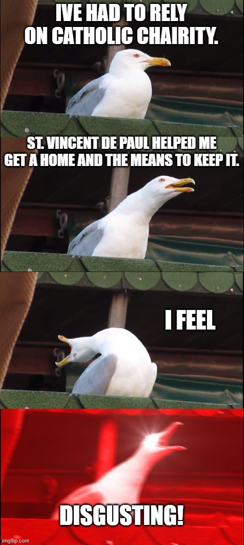 I dunno if you can imagine how this feels. On one hand, you want to be grateful. On the other you are always wondering. | IVE HAD TO RELY ON CATHOLIC CHAIRITY. ST. VINCENT DE PAUL HELPED ME GET A HOME AND THE MEANS TO KEEP IT. I FEEL; DISGUSTING! | image tagged in memes,inhaling seagull | made w/ Imgflip meme maker