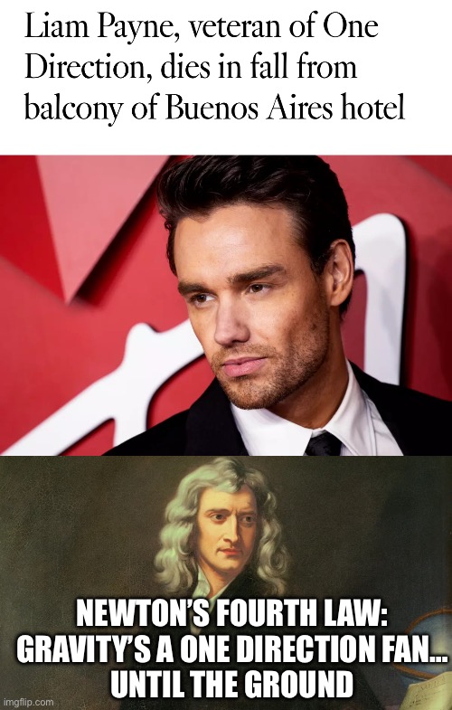 When The Next Album Gonna Drop? | NEWTON’S FOURTH LAW:
GRAVITY’S A ONE DIRECTION FAN…
UNTIL THE GROUND | image tagged in fall,death,one direction,liam payne,newton | made w/ Imgflip meme maker