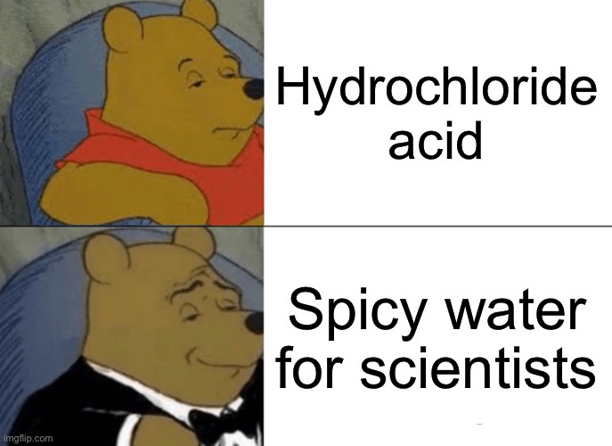 Tuxedo Winnie The Pooh | Hydrochloride acid; Spicy water for scientists | image tagged in memes,tuxedo winnie the pooh | made w/ Imgflip meme maker