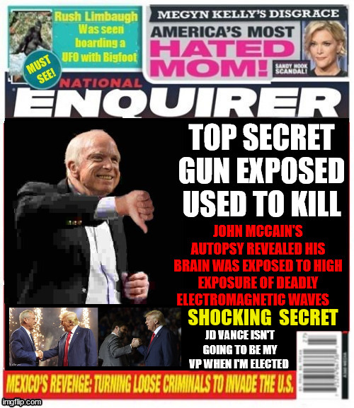 John McCain was murdered National Enquirer | SHOCKING  SECRET; JD VANCE ISN'T GOING TO BE MY VP WHEN I'M ELECTED | image tagged in john mccain was murdered national enquirer,electromagnetic weapon,russian techno gun,jd vance to get the boot,brain cancer | made w/ Imgflip meme maker