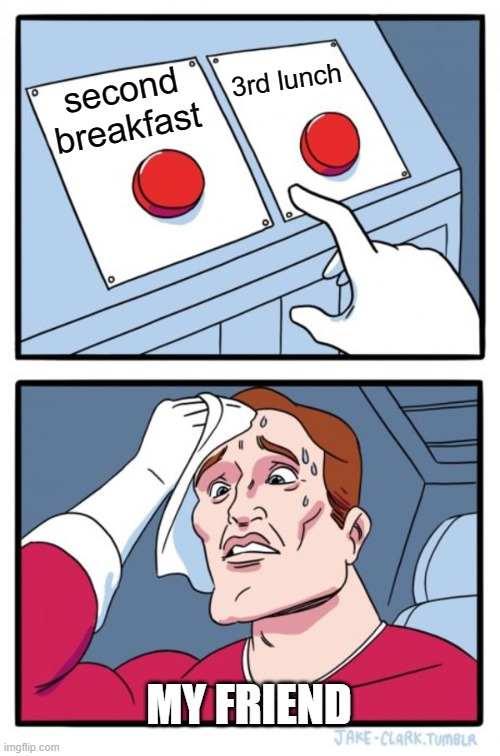 i cannot think help me | 3rd lunch; second breakfast; MY FRIEND | image tagged in memes,two buttons | made w/ Imgflip meme maker