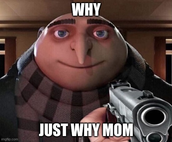 Gru Gun | WHY JUST WHY MOM | image tagged in gru gun | made w/ Imgflip meme maker