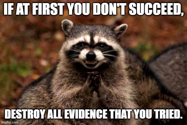 Evil Plotting Raccoon Meme | IF AT FIRST YOU DON'T SUCCEED, DESTROY ALL EVIDENCE THAT YOU TRIED. | image tagged in memes,evil plotting raccoon | made w/ Imgflip meme maker