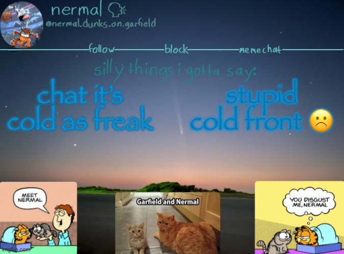 nermal :speak: | chat it’s cold as freak; stupid cold front ☹️ | image tagged in nermal speak | made w/ Imgflip meme maker