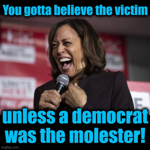 You gotta believe the victim unless a democrat
was the molester! | image tagged in kamala laughing,blank black | made w/ Imgflip meme maker