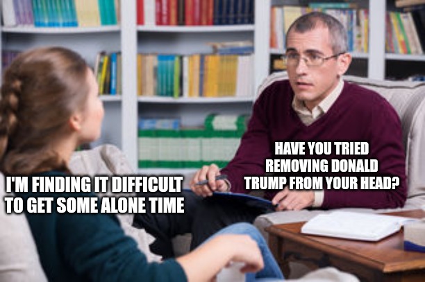 The leftist is never alone. Always having Trump in their head. | HAVE YOU TRIED REMOVING DONALD TRUMP FROM YOUR HEAD? I'M FINDING IT DIFFICULT TO GET SOME ALONE TIME | image tagged in therapist,leftists,donald trump,democrats | made w/ Imgflip meme maker