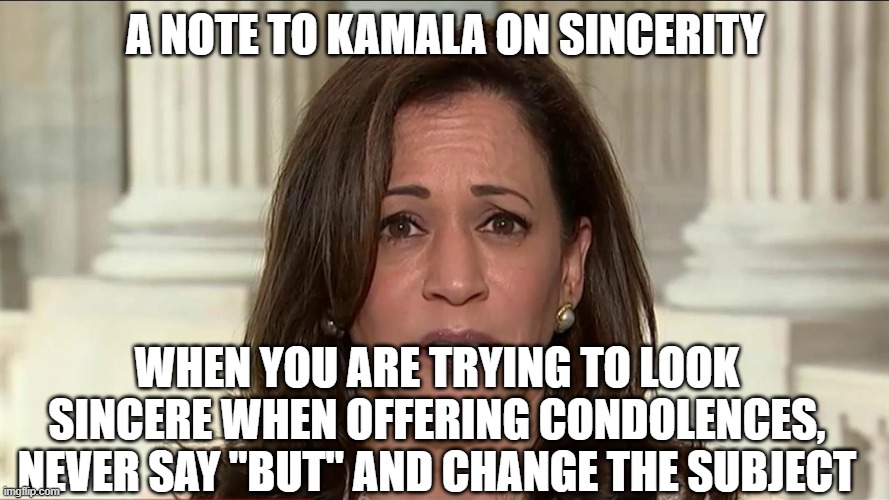 debate tip | A NOTE TO KAMALA ON SINCERITY; WHEN YOU ARE TRYING TO LOOK SINCERE WHEN OFFERING CONDOLENCES, NEVER SAY "BUT" AND CHANGE THE SUBJECT | image tagged in kamala harris | made w/ Imgflip meme maker