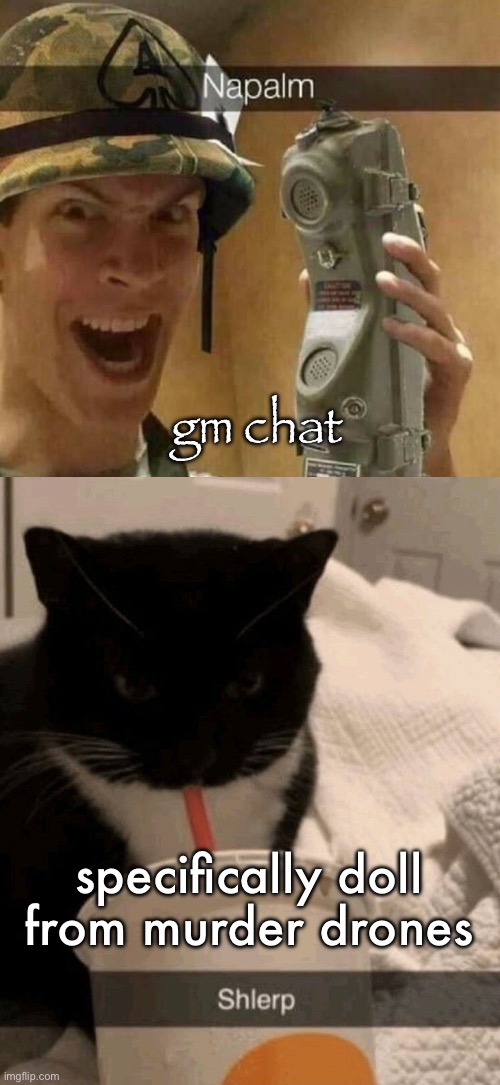 gm chat; specifically doll from murder drones | image tagged in napalm,shlerp | made w/ Imgflip meme maker