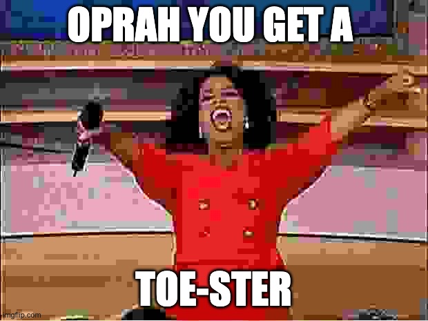 Oprah You Get A | OPRAH YOU GET A; TOE-STER | image tagged in memes,oprah you get a | made w/ Imgflip meme maker