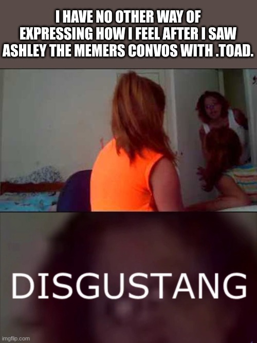 *hurls* | I HAVE NO OTHER WAY OF EXPRESSING HOW I FEEL AFTER I SAW ASHLEY THE MEMERS CONVOS WITH .TOAD. | image tagged in disgustang,gross,ashley,toad | made w/ Imgflip meme maker