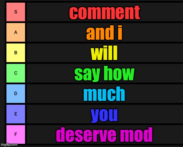 Tier List | comment; and i; will; say how; much; you; deserve mod | image tagged in tier list | made w/ Imgflip meme maker