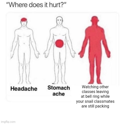 Where does it hurt | Watching other classes leaving at bell ring while your snail classmates are still packing | image tagged in where does it hurt | made w/ Imgflip meme maker