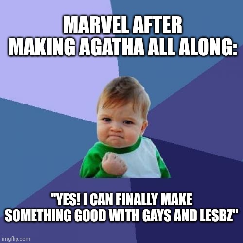 The new show ?? | MARVEL AFTER MAKING AGATHA ALL ALONG:; "YES! I CAN FINALLY MAKE SOMETHING GOOD WITH GAYS AND LESBZ" | image tagged in memes,success kid,agatha all along,marvel | made w/ Imgflip meme maker