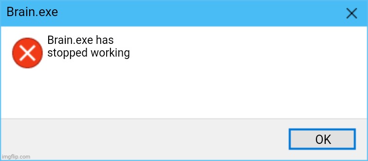 Brain.exe | Brain.exe; Brain.exe has stopped working; OK | image tagged in windows 10 error message with one button | made w/ Imgflip meme maker