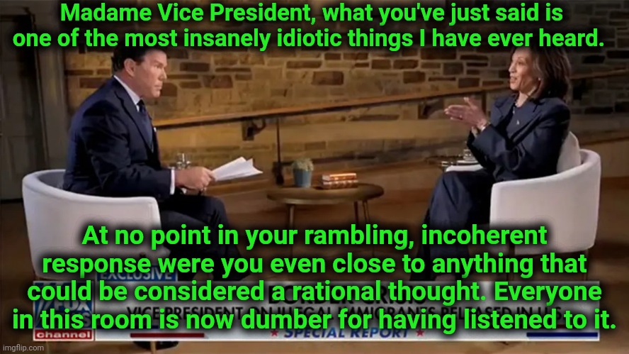 Tell me you are NOT the best candidate without saying you are NOT the best candidate | Madame Vice President, what you've just said is one of the most insanely idiotic things I have ever heard. At no point in your rambling, incoherent response were you even close to anything that could be considered a rational thought. Everyone in this room is now dumber for having listened to it. | image tagged in bret baier kamala interview,stupid,malignant narcissist,selfish,incompetence,trump derangement syndrome | made w/ Imgflip meme maker