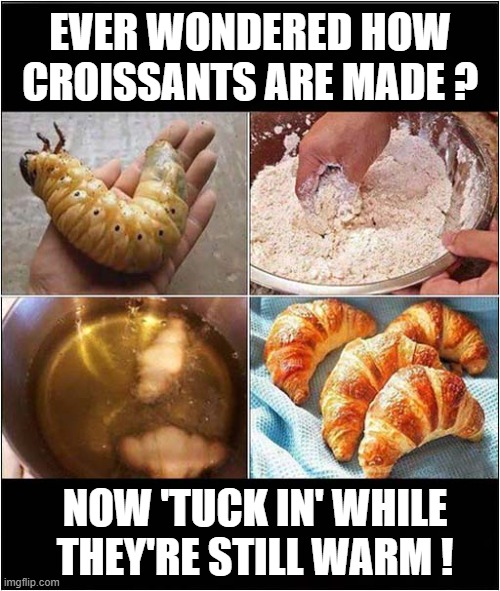 The 'Secret Ingredient' Revealed ! | EVER WONDERED HOW CROISSANTS ARE MADE ? NOW 'TUCK IN' WHILE
THEY'RE STILL WARM ! | image tagged in croissant,witchetty grub,secret ingredient,dark humour | made w/ Imgflip meme maker