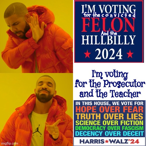 Convicted Felon Career Criminal Or Established Prosecutor?  Hmmm... The Answer Depends On How Much Orange KoolAid You Drank! | for the c o n v i c t e d; And the; I'm voting for the Prosecutor and the Teacher | image tagged in memes,drake hotline bling,donald trump is a convicted rapist,lock him up,rapist,convicted felon | made w/ Imgflip meme maker