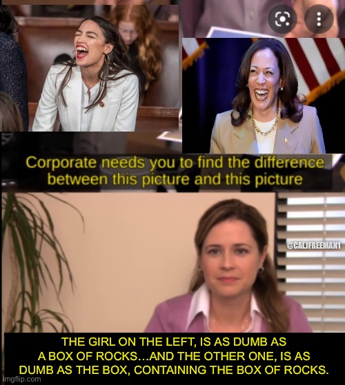 @CALJFREEMAN1; THE GIRL ON THE LEFT, IS AS DUMB AS A BOX OF ROCKS…AND THE OTHER ONE, IS AS DUMB AS THE BOX, CONTAINING THE BOX OF ROCKS. | image tagged in aoc,crazy aoc,kamala harris,maga,they're the same picture,they are the same picture | made w/ Imgflip meme maker