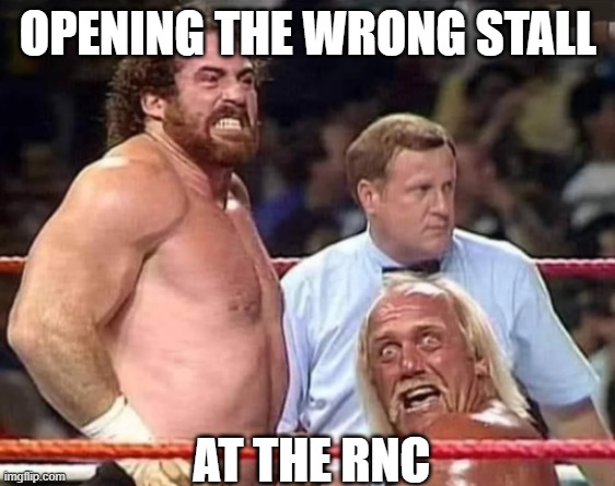 Wrong Stall | OPENING THE WRONG STALL; AT THE RNC | image tagged in wrong stall hogan,hulk hogan,gop | made w/ Imgflip meme maker