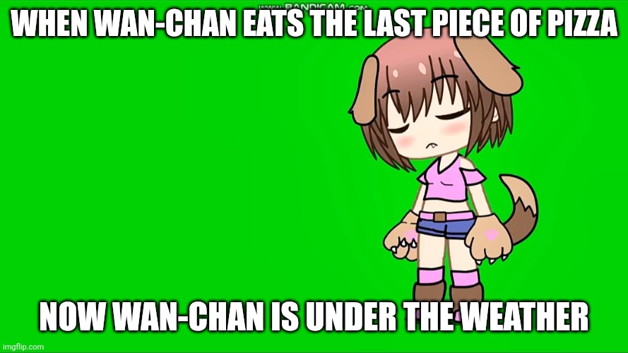 Wan-chan sickness | WHEN WAN-CHAN EATS THE LAST PIECE OF PIZZA; NOW WAN-CHAN IS UNDER THE WEATHER | image tagged in wan-chan is sick | made w/ Imgflip meme maker