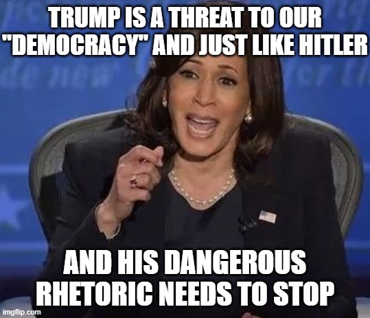 Kamala Harris | TRUMP IS A THREAT TO OUR "DEMOCRACY" AND JUST LIKE HITLER; AND HIS DANGEROUS RHETORIC NEEDS TO STOP | image tagged in kamala harris | made w/ Imgflip meme maker