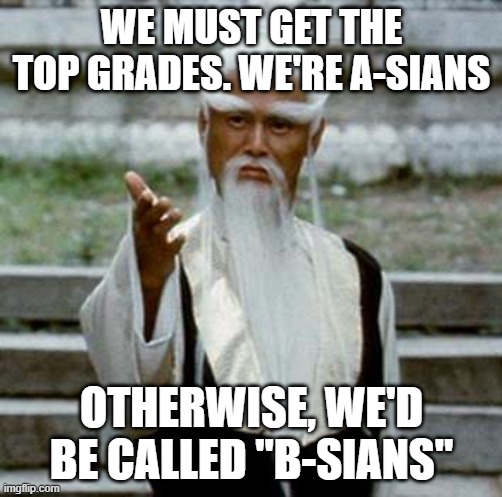 Asian Old Wise Man | WE MUST GET THE TOP GRADES. WE'RE A-SIANS; OTHERWISE, WE'D BE CALLED "B-SIANS" | image tagged in asian old wise man | made w/ Imgflip meme maker