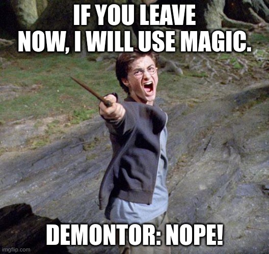 Harry potter | IF YOU LEAVE NOW, I WILL USE MAGIC. DEMONTOR: NOPE! | image tagged in harry potter | made w/ Imgflip meme maker