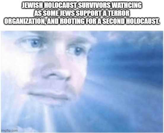 Honestly, those Jews should feel ashamed | JEWISH HOLOCAUST SURVIVORS WATHCING AS SOME JEWS SUPPORT A TERROR ORGANIZATION, AND ROOTING FOR A SECOND HOLOCAUST. | image tagged in in heaven looking down,israel,jews,holocaust | made w/ Imgflip meme maker