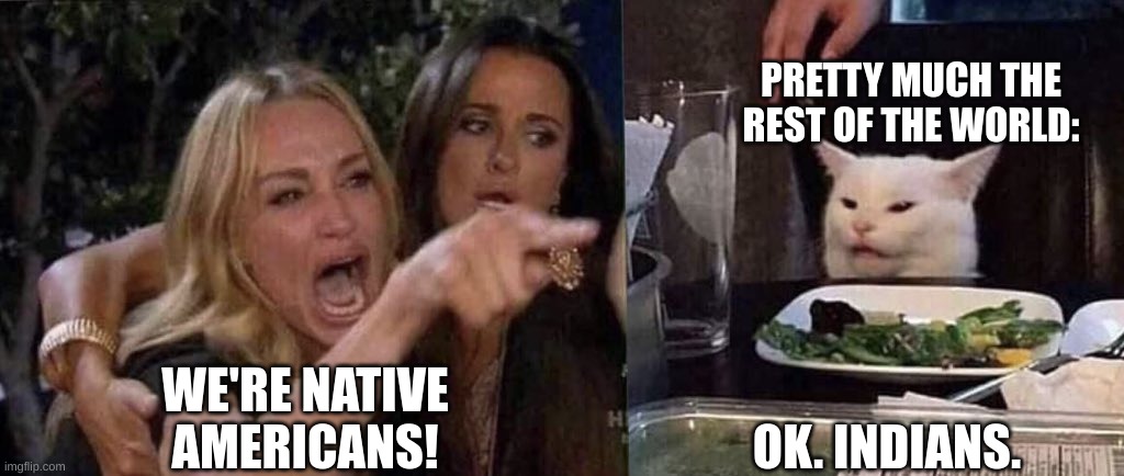 Native Americans | PRETTY MUCH THE REST OF THE WORLD:; WE'RE NATIVE AMERICANS! OK. INDIANS. | image tagged in woman yelling at cat,native american,indians,smudge the cat,history,history memes | made w/ Imgflip meme maker
