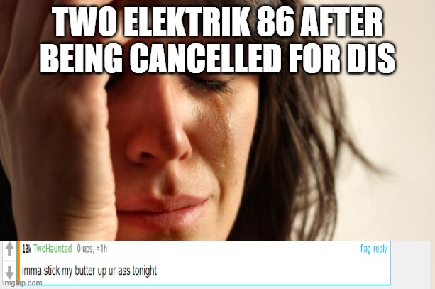 First World Problems | TWO ELEKTRIK 86 AFTER BEING CANCELLED FOR DIS | image tagged in memes,first world problems | made w/ Imgflip meme maker