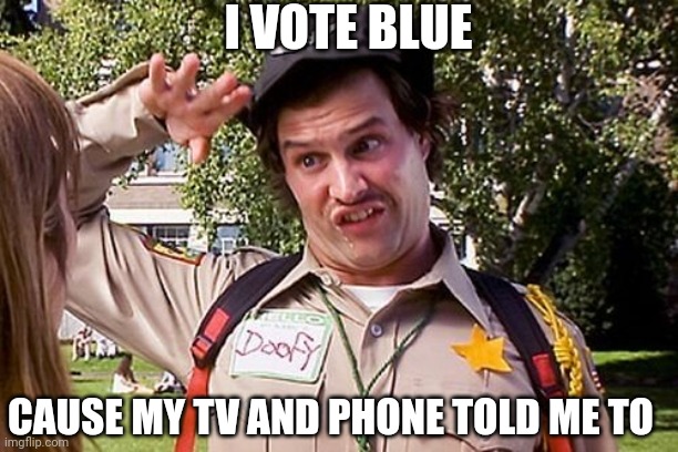 Special Officer Doofy | I VOTE BLUE CAUSE MY TV AND PHONE TOLD ME TO | image tagged in special officer doofy | made w/ Imgflip meme maker