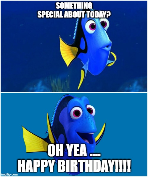 Dory | SOMETHING SPECIAL ABOUT TODAY? OH YEA .... HAPPY BIRTHDAY!!!! | image tagged in dory | made w/ Imgflip meme maker