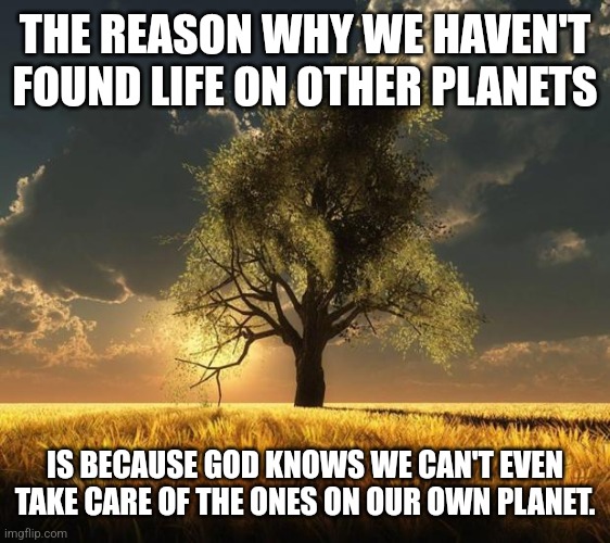 Life on other planets | THE REASON WHY WE HAVEN'T FOUND LIFE ON OTHER PLANETS; IS BECAUSE GOD KNOWS WE CAN'T EVEN TAKE CARE OF THE ONES ON OUR OWN PLANET. | image tagged in tree of life | made w/ Imgflip meme maker