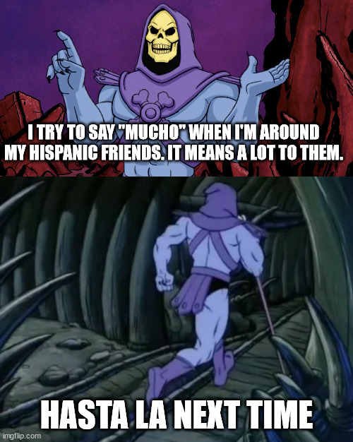 mucho skeletor | I TRY TO SAY "MUCHO" WHEN I'M AROUND MY HISPANIC FRIENDS. IT MEANS A LOT TO THEM. HASTA LA NEXT TIME | image tagged in skeletor until we meet again | made w/ Imgflip meme maker