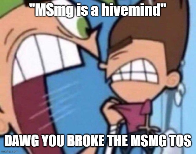 Cosmo yelling at timmy | "MSmg is a hivemind"; DAWG YOU BROKE THE MSMG TOS | image tagged in cosmo yelling at timmy | made w/ Imgflip meme maker