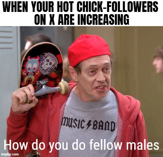 How do you do | WHEN YOUR HOT CHICK-FOLLOWERS 
ON X ARE INCREASING; How do you do fellow males | image tagged in how do you do,funny,twitter,bots | made w/ Imgflip meme maker