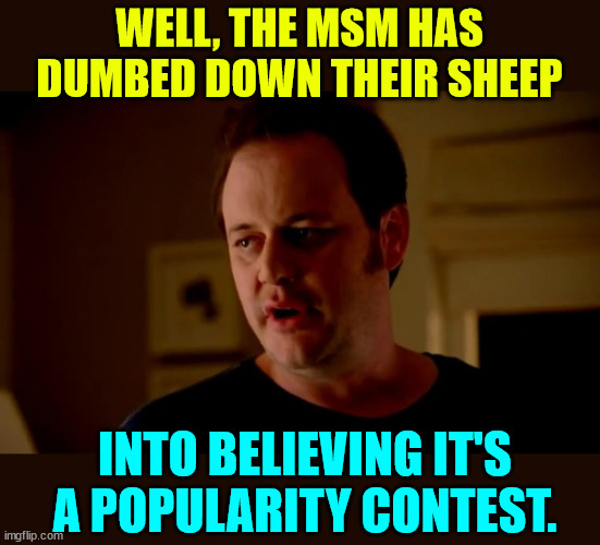 Jake from state farm | WELL, THE MSM HAS DUMBED DOWN THEIR SHEEP INTO BELIEVING IT'S A POPULARITY CONTEST. | image tagged in jake from state farm | made w/ Imgflip meme maker